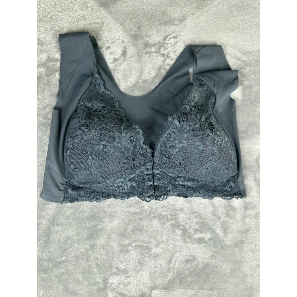 Unbranded Bralette Womens‎ Medium Gray Front-Hook Lace Seamless Comfort Bra